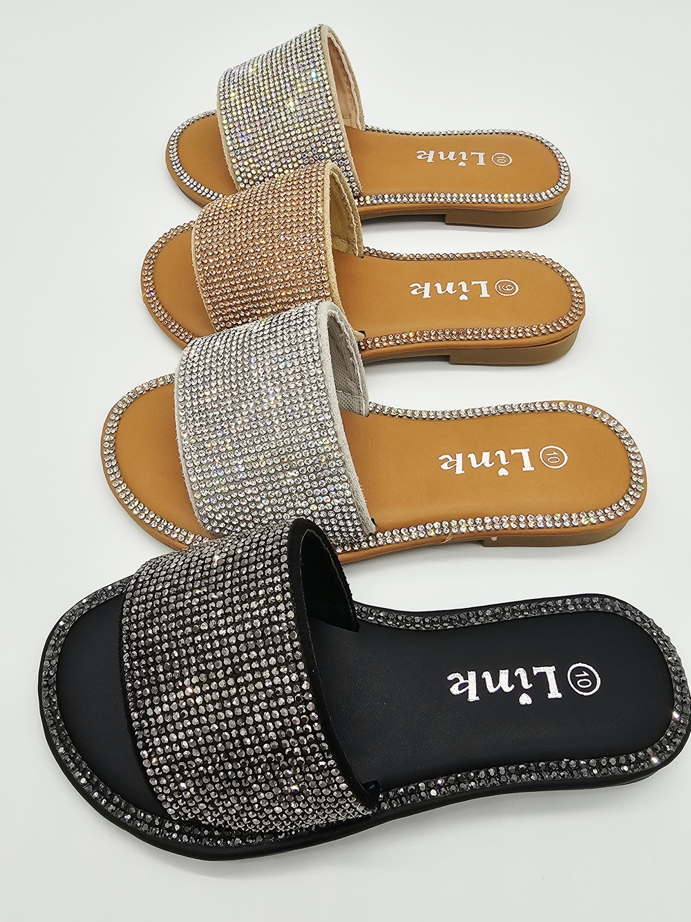 Link Rhinestone Slide Sandals - Black, Silver, Tan, Champagne